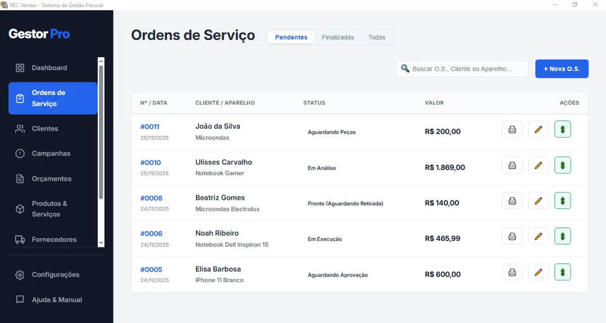 Tela de Ordens de Serviço